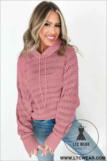 Peach Blossom Pointelle Knit Raglan Sleeve Hooded Sweater