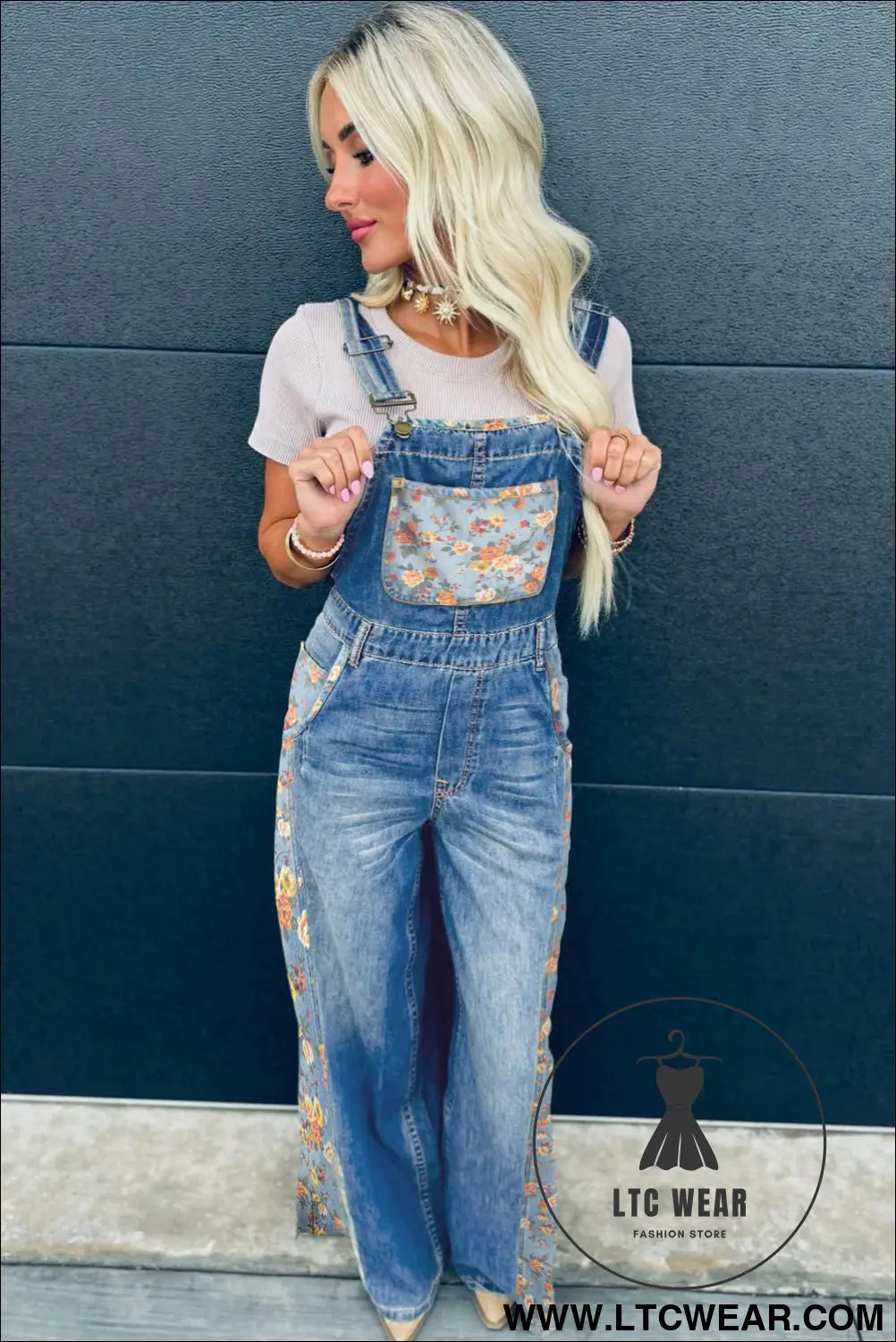 Peacock Blue Floral Patchwork Bib Denim Wide Leg Overalls - L.T.C Wear Online Fashion Store