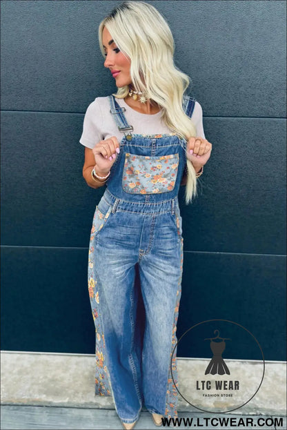 Peacock Blue Floral Patchwork Bib Denim Wide Leg Overalls - L.T.C Wear Online Fashion Store