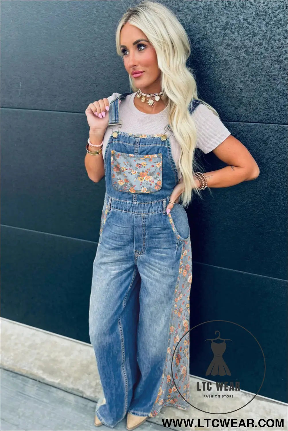 Peacock Blue Floral Patchwork Bib Denim Wide Leg Overalls - L.T.C Wear Online Fashion Store