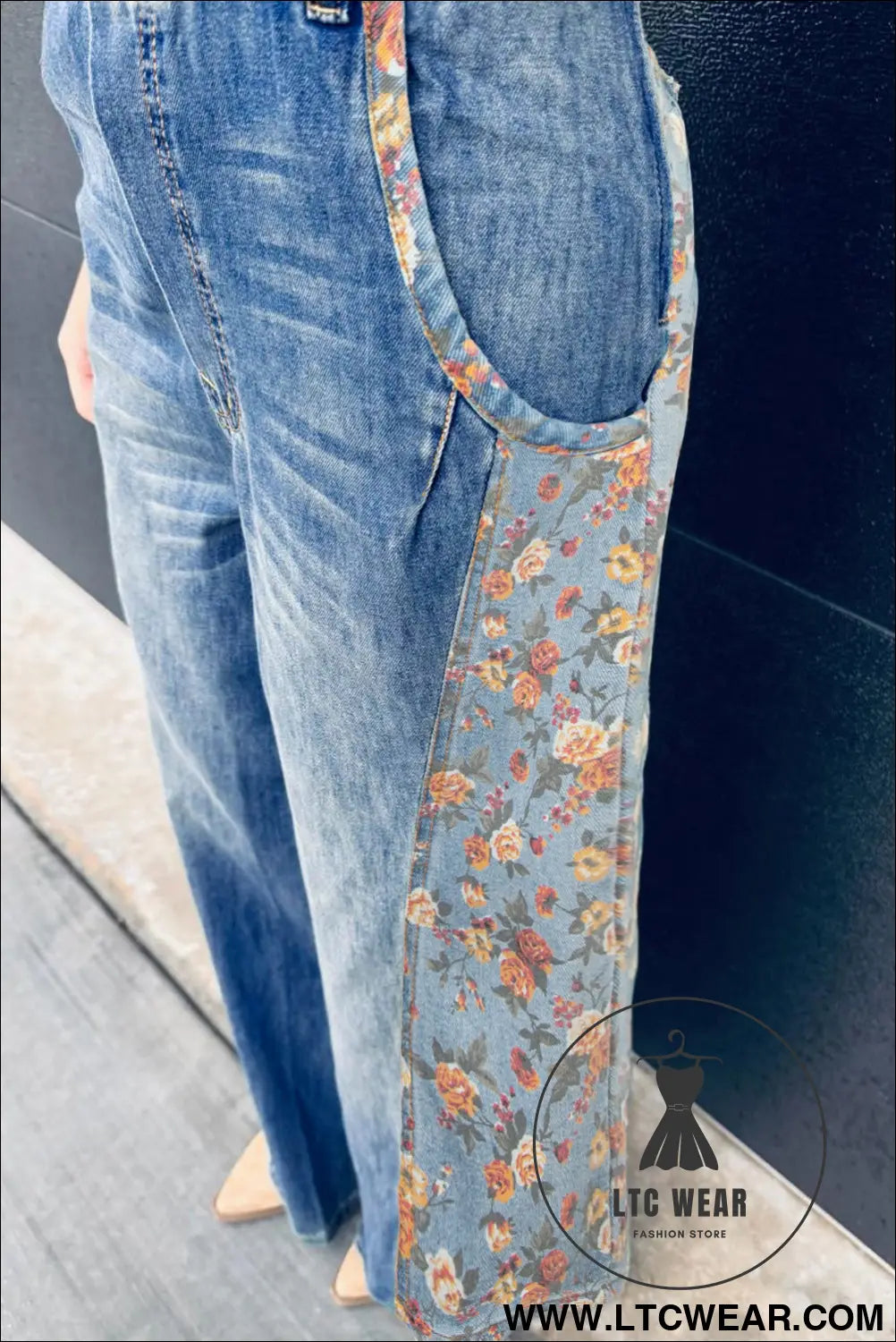 Peacock Blue Floral Patchwork Bib Denim Wide Leg Overalls - L.T.C Wear Online Fashion Store