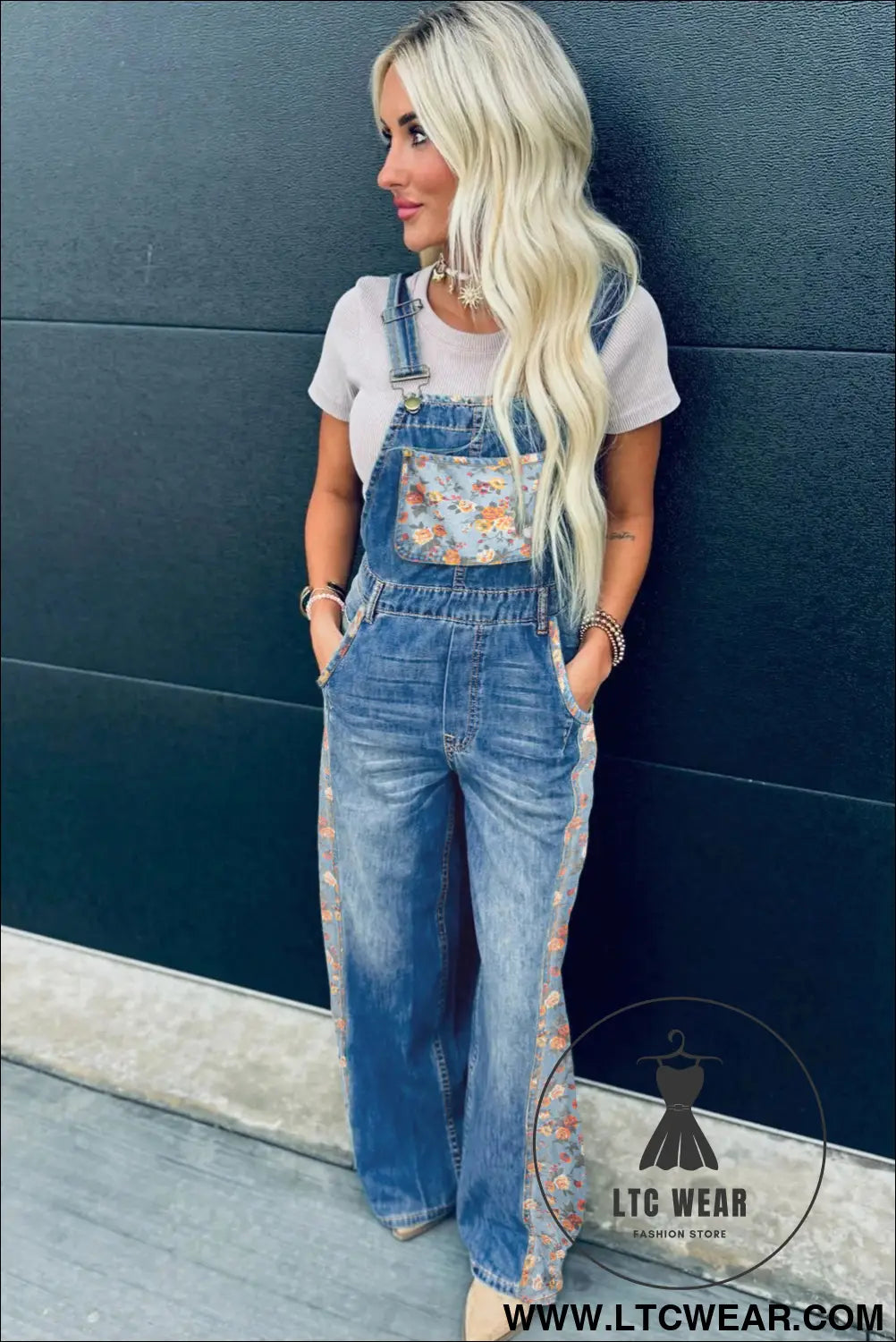 Peacock Blue Floral Patchwork Bib Denim Wide Leg Overalls - L.T.C Wear Online Fashion Store