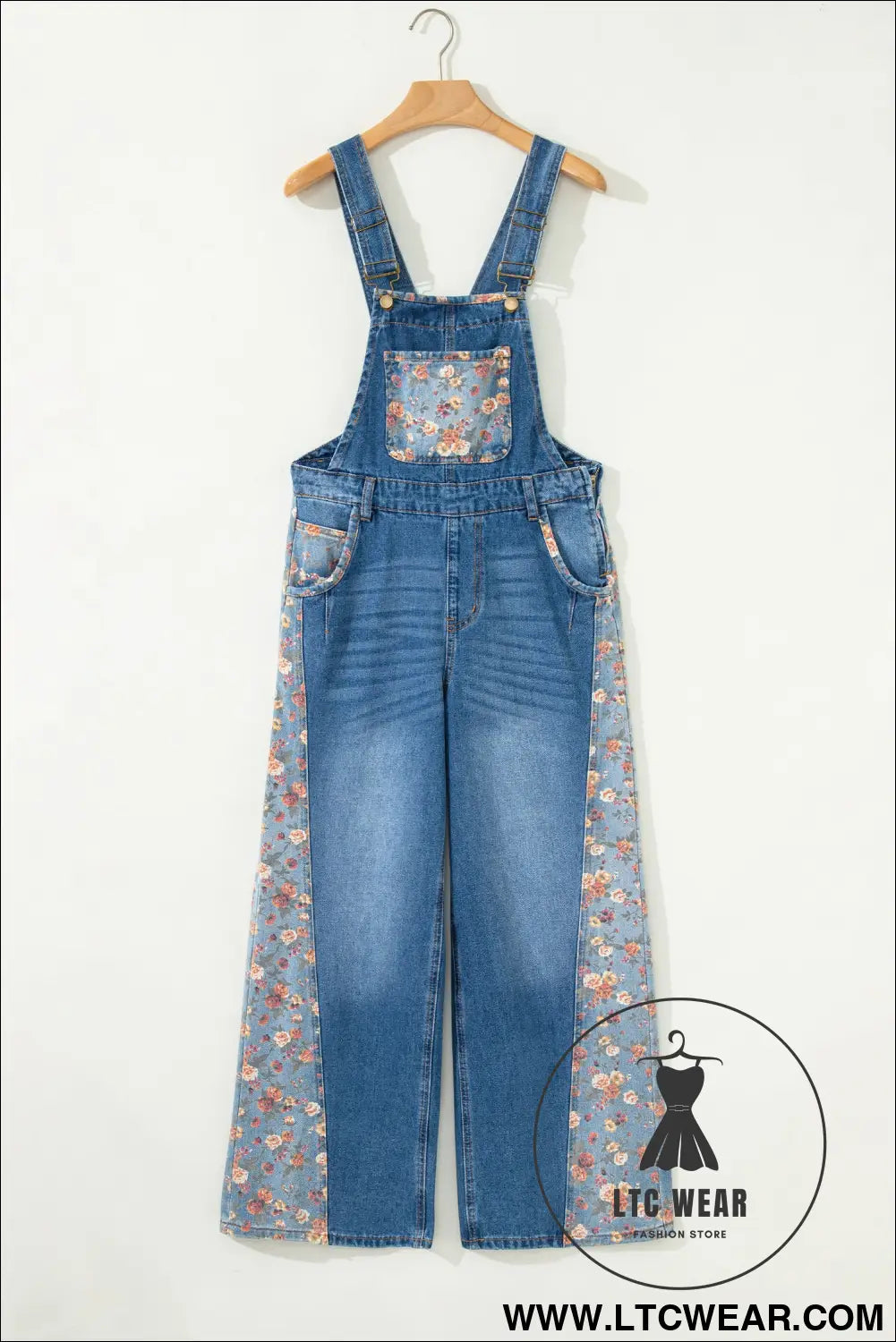 Peacock Blue Floral Patchwork Bib Denim Wide Leg Overalls - L.T.C Wear Online Fashion Store