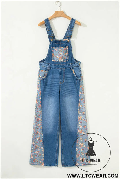 Peacock Blue Floral Patchwork Bib Denim Wide Leg Overalls - L.T.C Wear Online Fashion Store