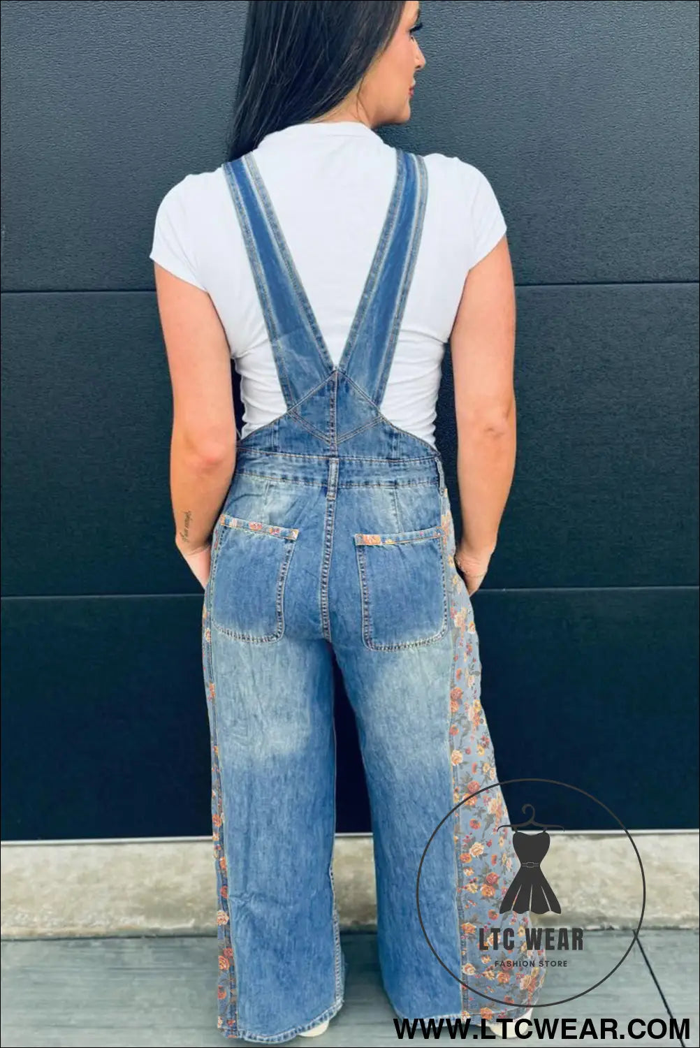 Peacock Blue Floral Patchwork Bib Denim Wide Leg Overalls - L.T.C Wear Online Fashion Store