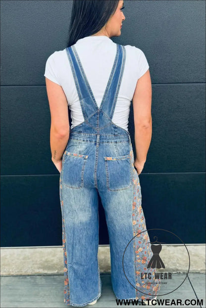 Peacock Blue Floral Patchwork Bib Denim Wide Leg Overalls - L.T.C Wear Online Fashion Store