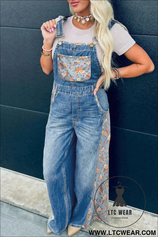 Peacock Blue Floral Patchwork Bib Denim Wide Leg Overalls - L.T.C Wear Online Fashion Store