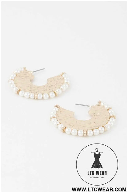 Pearl Hammered Hoop Earrings