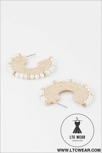 Pearl Hammered Hoop Earrings