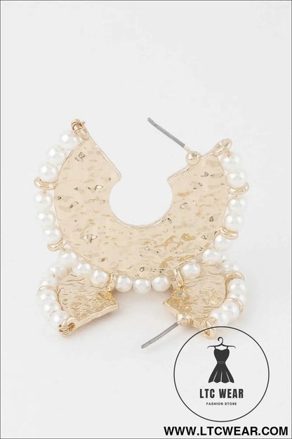Pearl Hammered Hoop Earrings