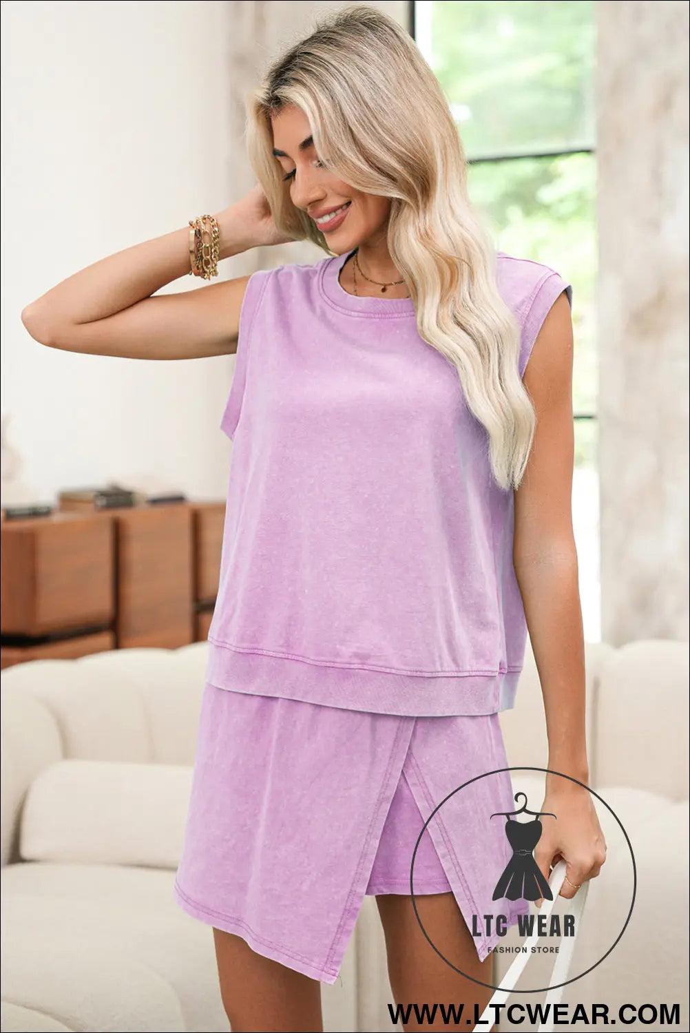 Phalaenopsis mineral wash sleeveless top and split skort set - short sets