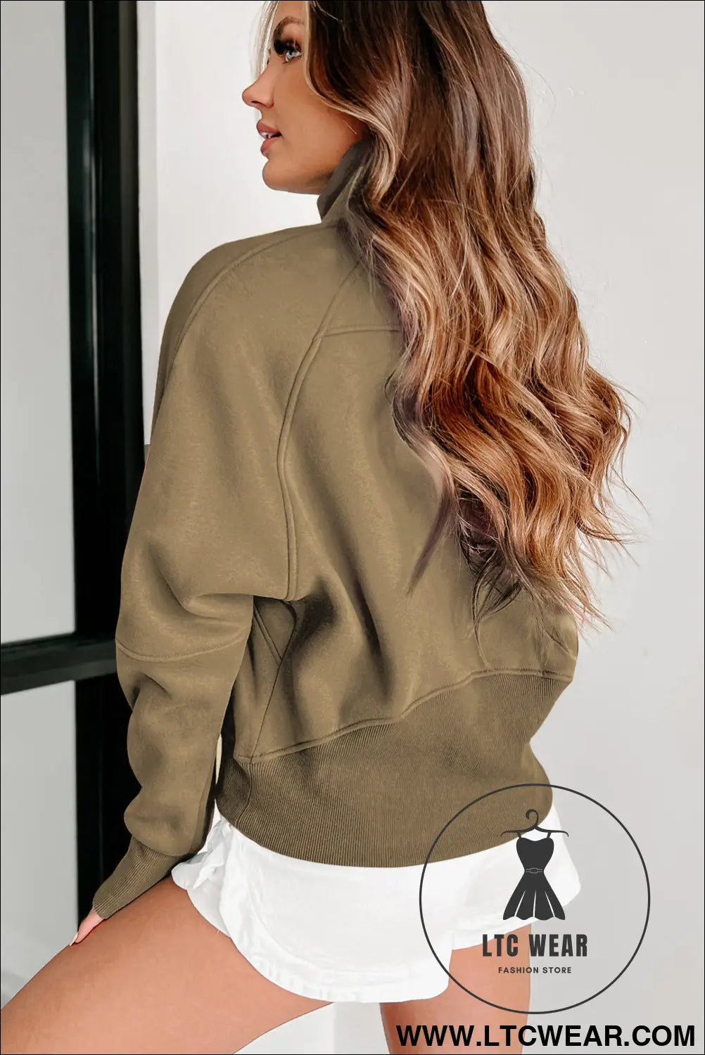 Phalaenopsis Zip Up Stand Collar Ribbed Thumbhole Sleeve Sweatshirt - L.T.C Wear Online Fashion Store