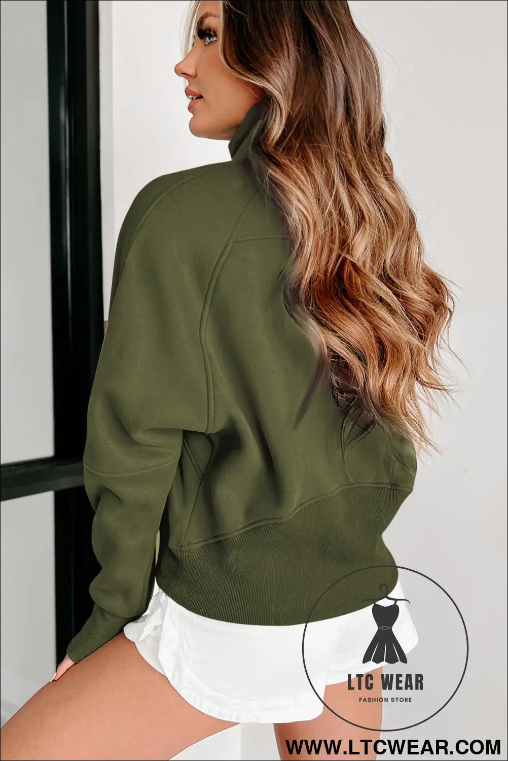 Phalaenopsis Zip Up Stand Collar Ribbed Thumbhole Sleeve Sweatshirt - L.T.C Wear Online Fashion Store