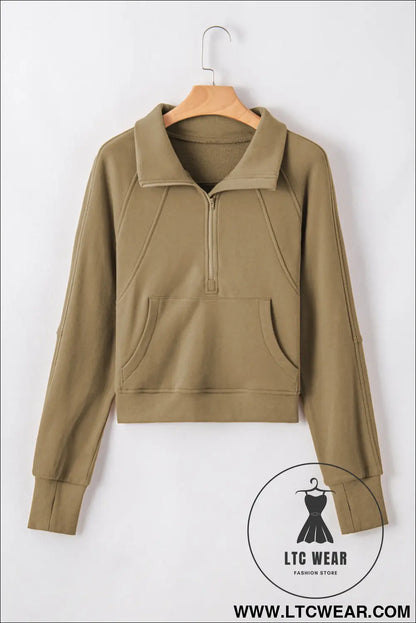 Phalaenopsis Zip Up Stand Collar Ribbed Thumbhole Sleeve Sweatshirt - L.T.C Wear Online Fashion Store