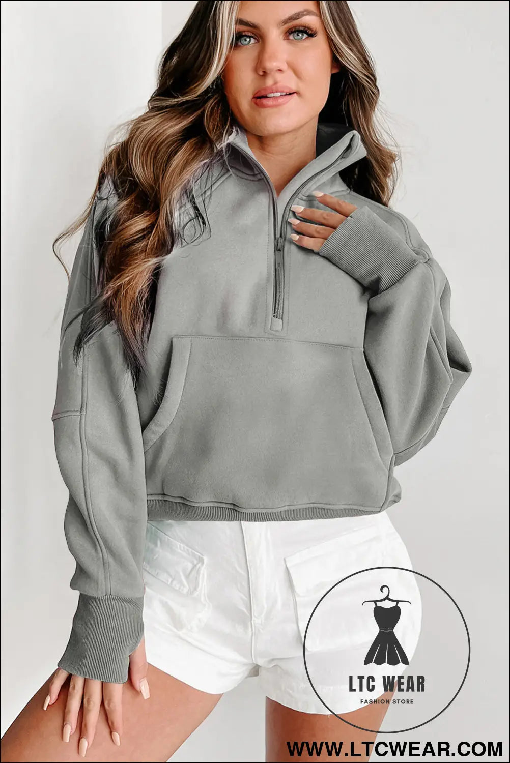 Phalaenopsis Zip Up Stand Collar Ribbed Thumbhole Sleeve Sweatshirt - L.T.C Wear Online Fashion Store
