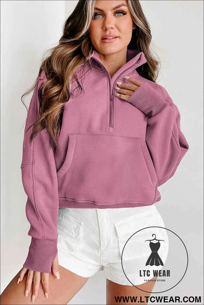 Phalaenopsis Zip Up Stand Collar Ribbed Thumbhole Sleeve Sweatshirt