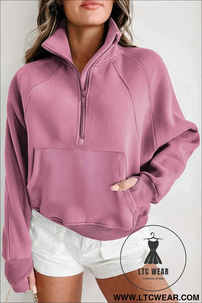 Phalaenopsis Zip Up Stand Collar Ribbed Thumbhole Sleeve Sweatshirt