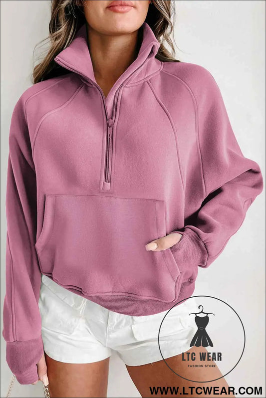 Phalaenopsis Zip Up Stand Collar Ribbed Thumbhole Sleeve Sweatshirt