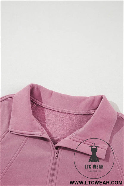 Phalaenopsis Zip Up Stand Collar Ribbed Thumbhole Sleeve Sweatshirt - L.T.C Wear Online Fashion Store
