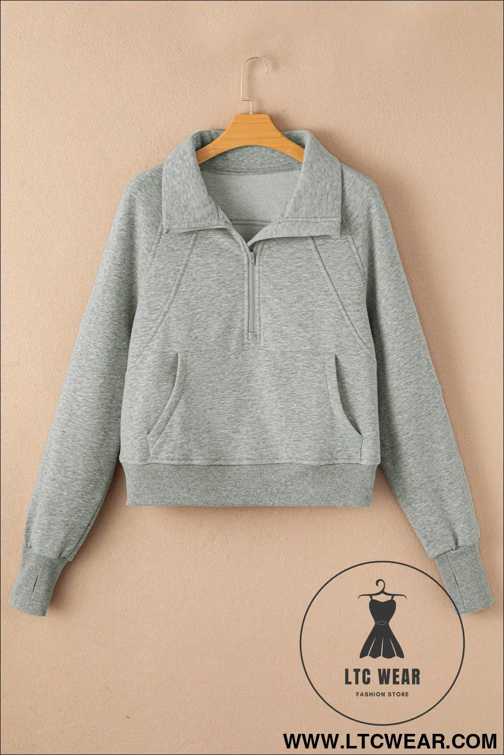 Phalaenopsis Zip Up Stand Collar Ribbed Thumbhole Sleeve Sweatshirt - L.T.C Wear Online Fashion Store