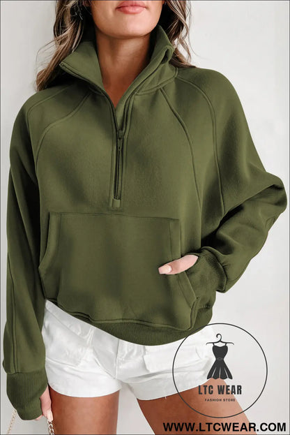Phalaenopsis Zip Up Stand Collar Ribbed Thumbhole Sleeve Sweatshirt - L.T.C Wear Online Fashion Store