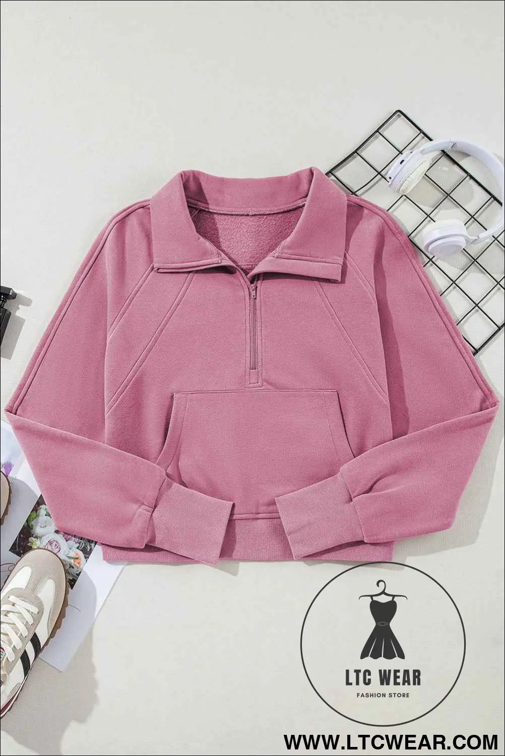 Phalaenopsis Zip Up Stand Collar Ribbed Thumbhole Sleeve Sweatshirt
