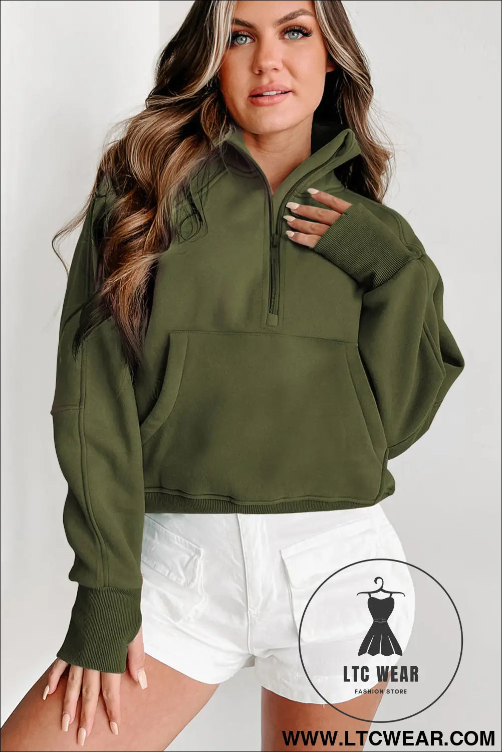 Phalaenopsis Zip Up Stand Collar Ribbed Thumbhole Sleeve Sweatshirt - L.T.C Wear Online Fashion Store