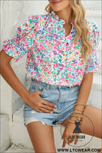 Pink blooming print button frill neck puff sleeve blouse - pink / 2xl / 100% cotton - blouses & shirts