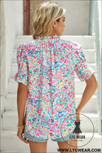 Pink blooming print button frill neck puff sleeve blouse - blouses & shirts