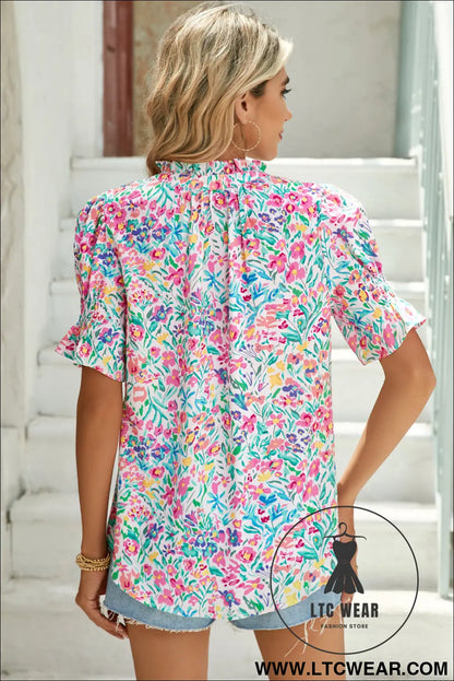 Pink blooming print button frill neck puff sleeve blouse - blouses & shirts