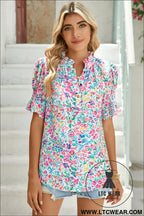 Pink blooming print button frill neck puff sleeve blouse - blouses & shirts