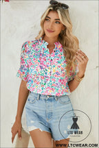 Pink blooming print button frill neck puff sleeve blouse - blouses & shirts
