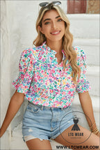 Pink blooming print button frill neck puff sleeve blouse - blouses & shirts