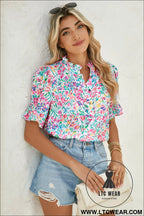 Pink blooming print button frill neck puff sleeve blouse - blouses & shirts