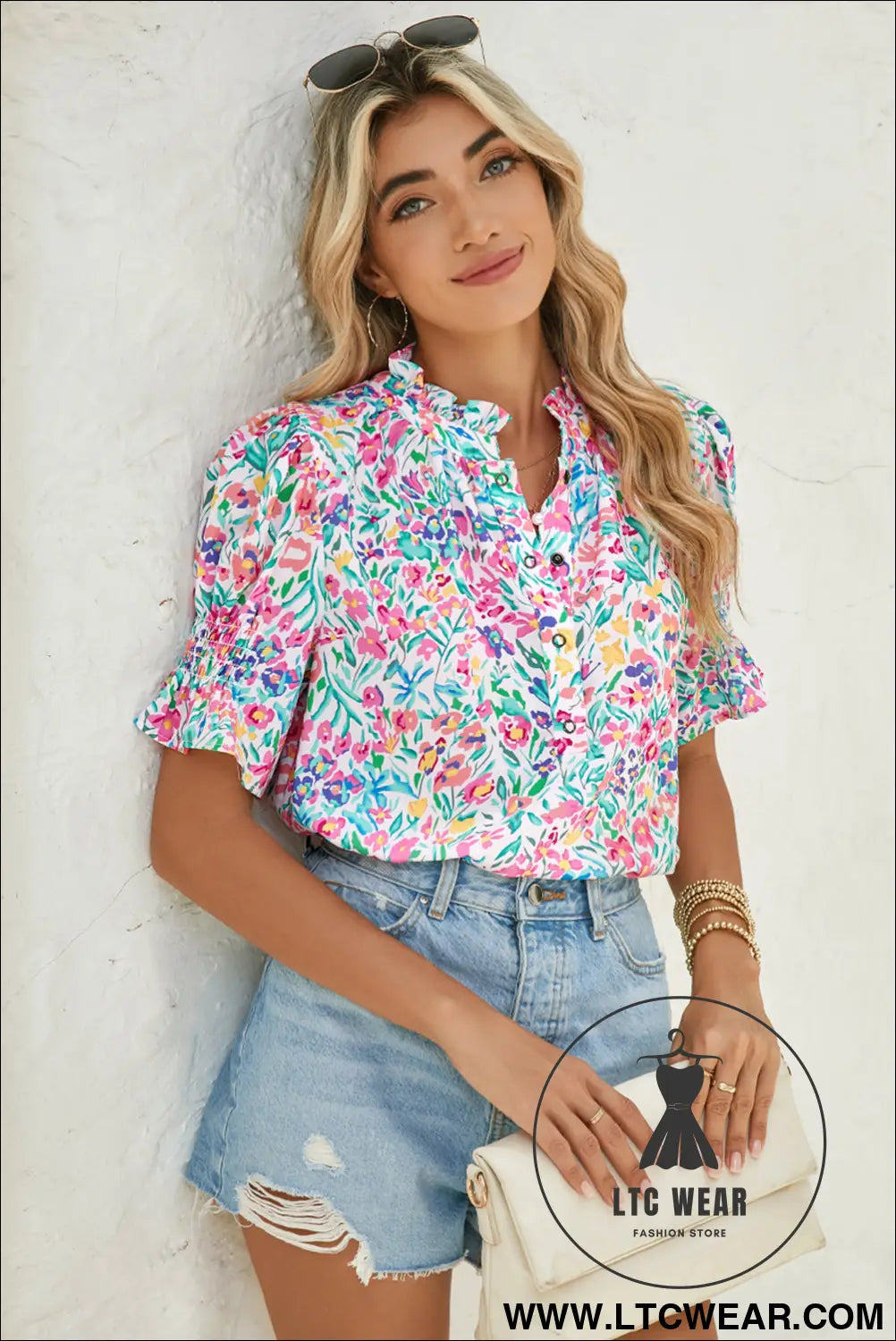 Pink blooming print button frill neck puff sleeve blouse - blouses & shirts