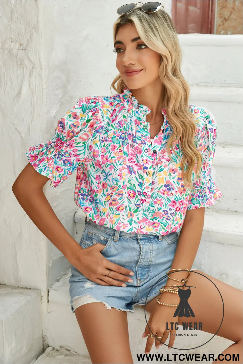 Pink blooming print button frill neck puff sleeve blouse - blouses & shirts