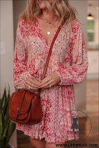 Pink Bohemian Floral Print Tassel Tie Long Sleeve Flowy Mini Dress