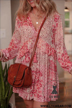 Pink Bohemian Floral Print Tassel Tie Long Sleeve Flowy Mini Dress