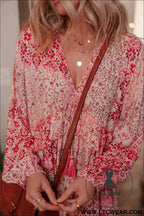 Pink Bohemian Floral Print Tassel Tie Long Sleeve Flowy Mini Dress