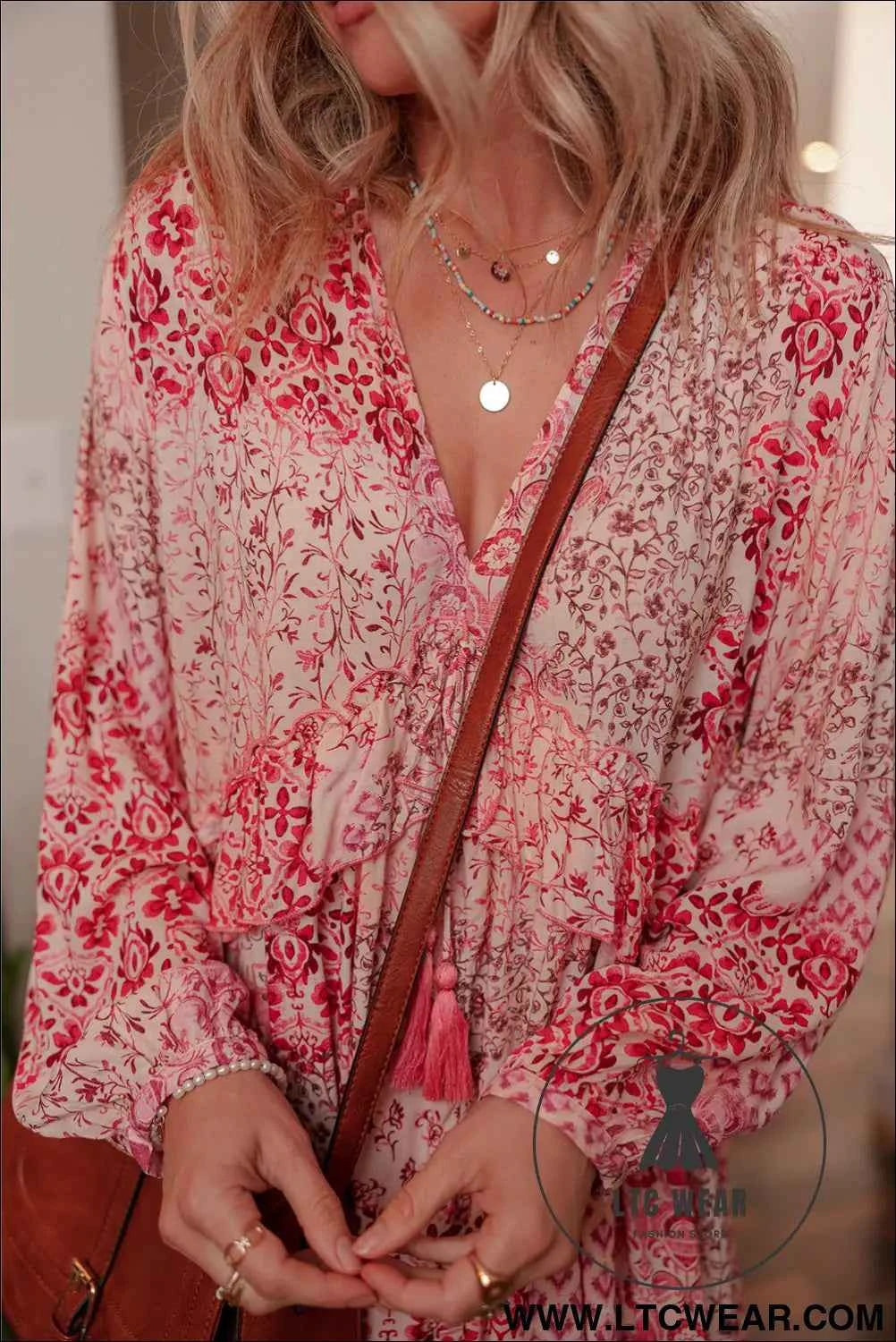 Pink Bohemian Floral Print Tassel Tie Long Sleeve Flowy Mini Dress