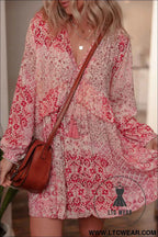 Pink Bohemian Floral Print Tassel Tie Long Sleeve Flowy Mini Dress