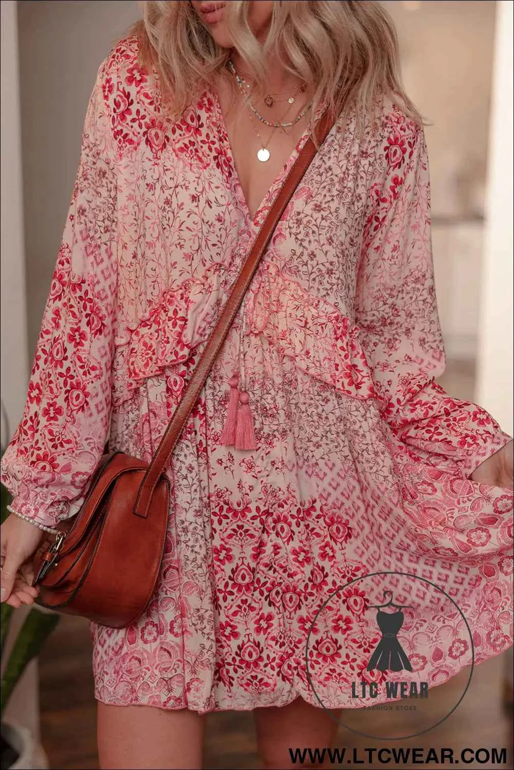 Pink Bohemian Floral Print Tassel Tie Long Sleeve Flowy Mini Dress