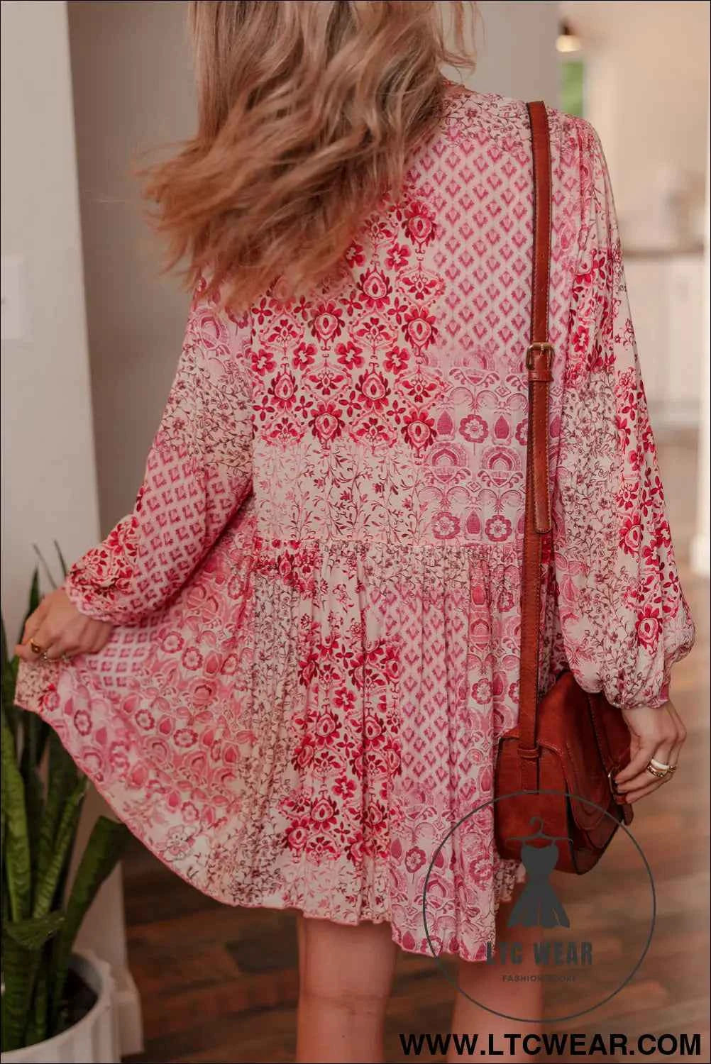 Pink Bohemian Floral Print Tassel Tie Long Sleeve Flowy Mini Dress