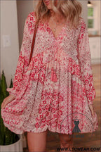 Pink Bohemian Floral Print Tassel Tie Long Sleeve Flowy Mini Dress