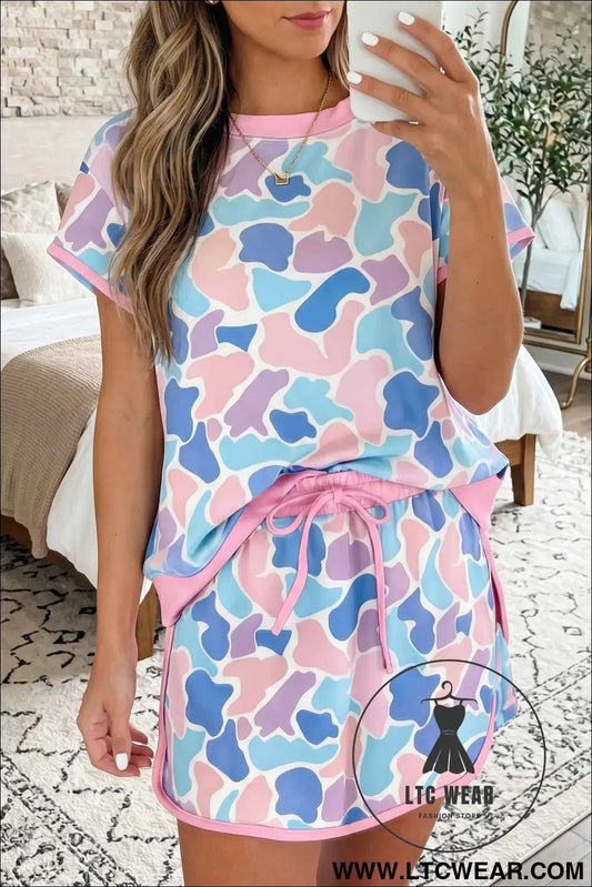 Pink Camouflage Print Contrast Trim Athletic Skort Set