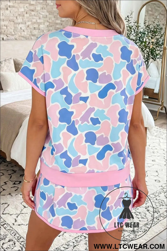 Pink Camouflage Print Contrast Trim Athletic Skort Set