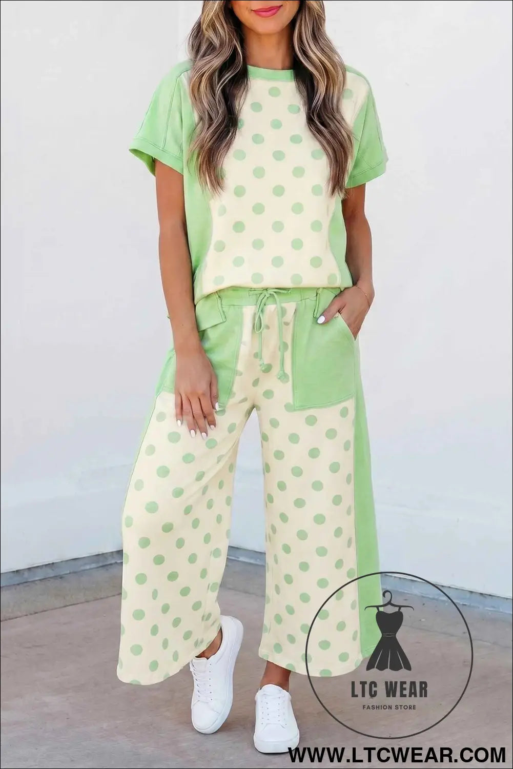 Pink Color Block Patchwork Polka Dot Wide Leg Pant Set