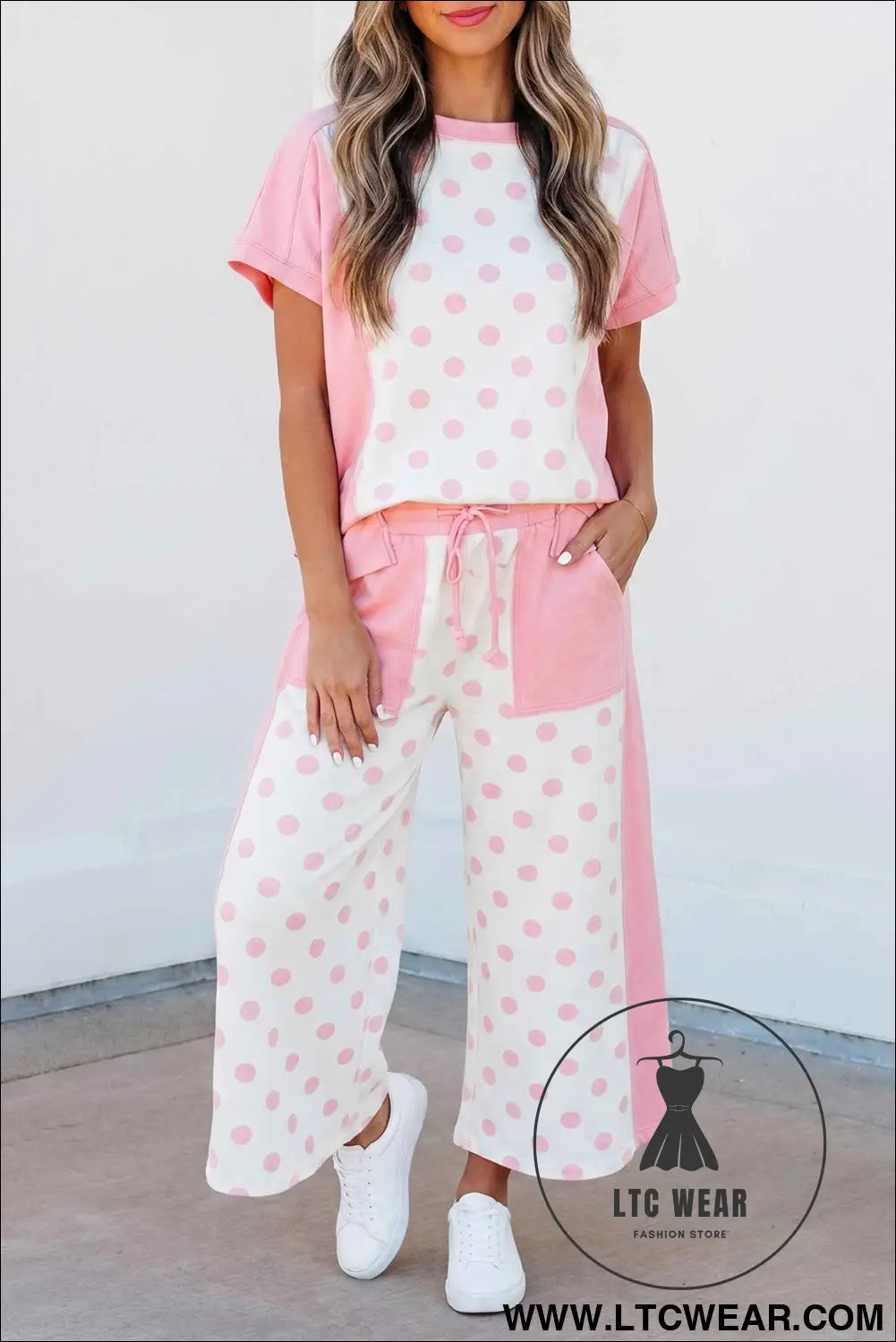 Pink Color Block Patchwork Polka Dot Wide Leg Pant Set