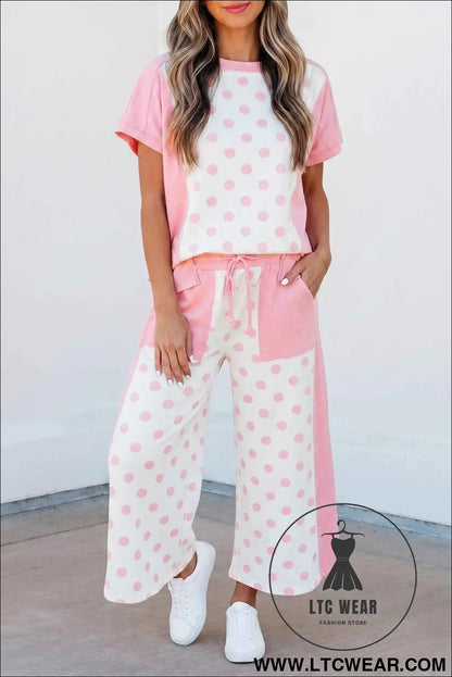 Pink Color Block Patchwork Polka Dot Wide Leg Pant Set