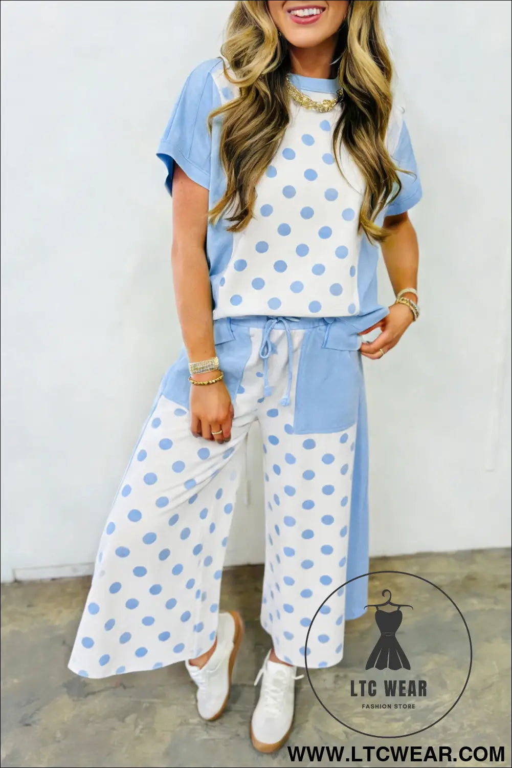 Pink Color Block Patchwork Polka Dot Wide Leg Pant Set - L.T.C Wear Online Fashion Store